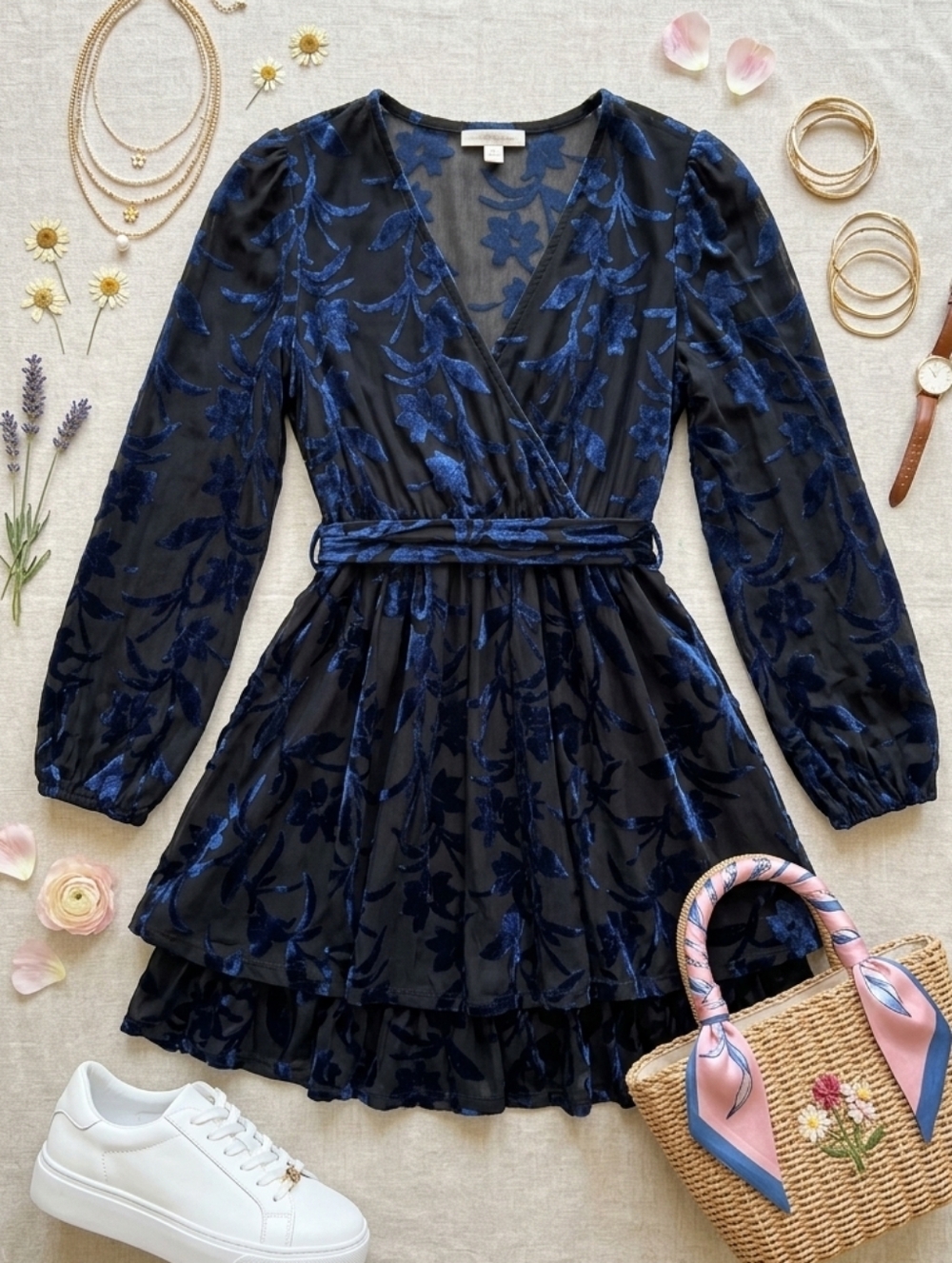 Allison & Kelly Whimsigoth Blue Floral Velvet Burnout Tiered Dress Small